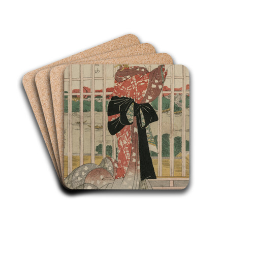 The Courtesan Meizan of the Chojiya on a Balcony Overlooking the Sumida River by Kikukawa Eizan Drink Coasters - set of 4