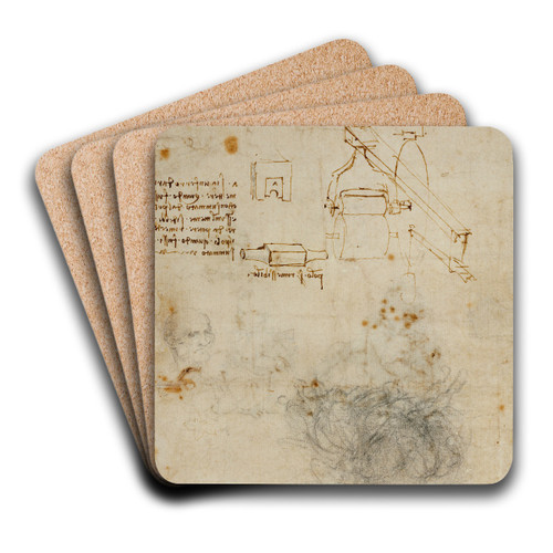 Head of an Old Man, and Studies of Machinery by Leonardo da Vinci Art Drink Coaster set