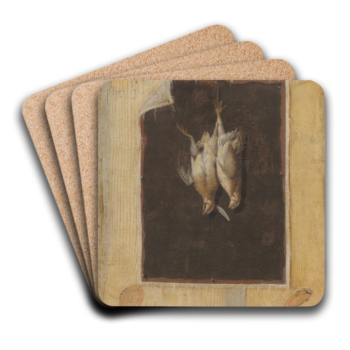 Trompe L'oeil. Board Partition With A Still Life Of Two Dead Birds Hanging On A Wall by Cornelius Norbertus Gijsbrechts Art Drink Coaster set Trompe L'oeil. Board Partition With A Still Life Of Two Dead Birds Hanging On A Wall by Cornelius Norbertus Gijsbrechts Art Drink Coaster set