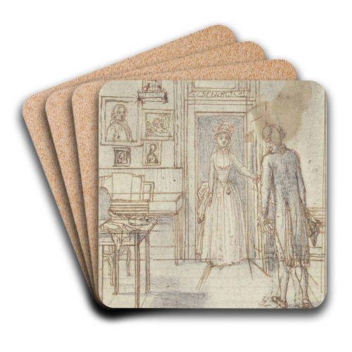 Ein Zimmer, in dem links ein Arbeitstisch und ein Spinett stehen by Daniel Nikolaus Chodowiecki Art Drink Coaster set Ein Zimmer, in dem links ein Arbeitstisch und ein Spinett stehen by Daniel Nikolaus Chodowiecki Art Drink Coaster set