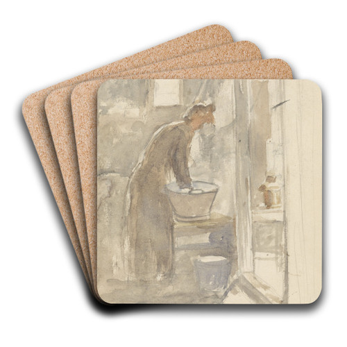 Interieur met vrouw aan de wastobbe by Jozef Israls Art Drink Coaster set Interieur met vrouw aan de wastobbe by Jozef Israls Art Drink Coaster set