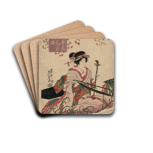 Ukiyo bijin mitate sankyoku by Keisai Eisen Drink Coasters - set of 4