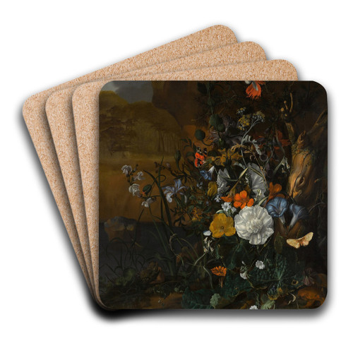 Still life of flowers,with butterflies, insects, a lizard and toads, beside a pool by Rachel Ruysch Art Drink Coaster set Still life of flowers,with butterflies, insects, a lizard and toads, beside a pool by Rachel Ruysch Art Drink Coaster set