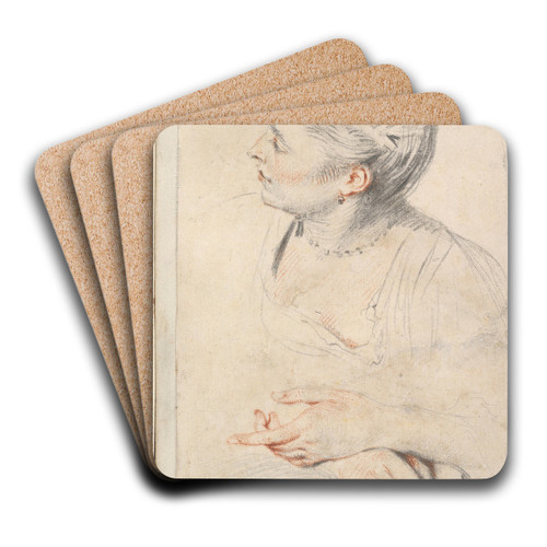 Study of a Womans Head and Hands by Jean-Antoine Watteau Art Drink Coaster set