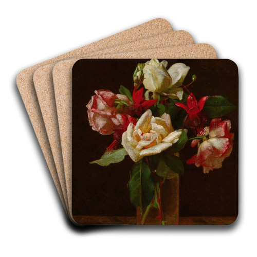 Still Life with Roses and Fuchsia by George Cochran Lambdin Art Drink Coaster set Still Life with Roses and Fuchsia by George Cochran Lambdin Art Drink Coaster set