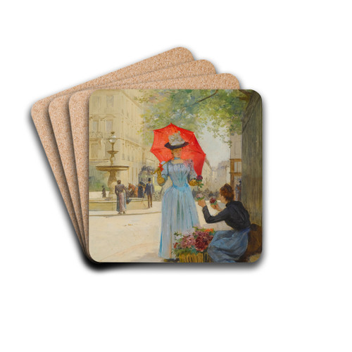 Jeune femme l'ombrelle achetant des fleurs by Victor Gabriel Gilbert Drink Coasters - set of 4