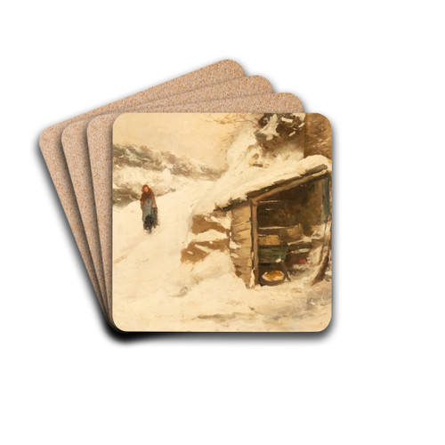 Peasant woman in snowy landscape by Henri Joseph Marcette Drink Coasters - set of 4