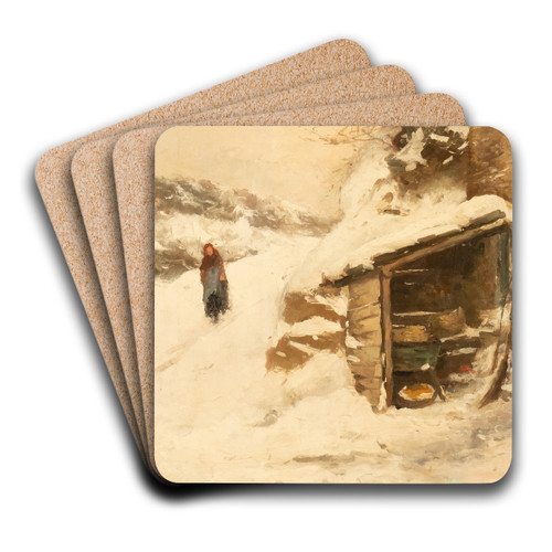 Peasant woman in snowy landscape by Henri Joseph Marcette Art Drink Coaster set