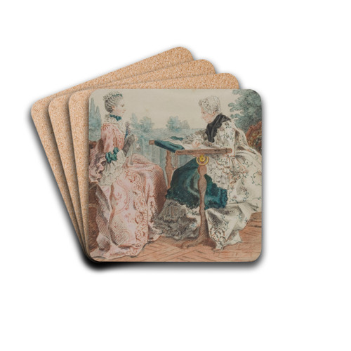 Mme Laleu  son mtier  tapisserie et Mlle Mlin travaillant dans un jardin by Louis Carrogis Carmontelle Drink Coasters - set of 4 Mme Laleu  son mtier  tapisserie et Mlle Mlin travaillant dans un jardin by Louis Carrogis Carmontelle Drink Coasters - set of 4