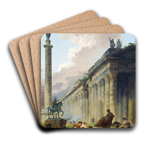 Imaginary View of Rome with Equestrian Statue of Marcus Aurelius, the Column of Trajan and a Temple by Hubert Robert Art Drink Coaster set