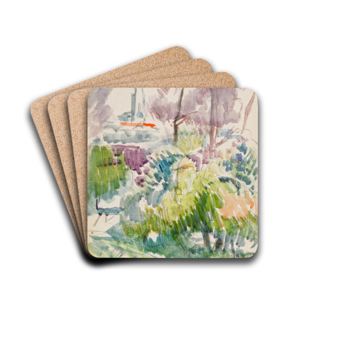 Maisema, pensaita, puita ja torni, luonnos by Magnus Enckell Drink Coasters - set of 4
