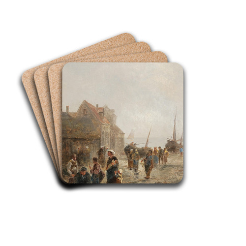 Busy Activity in a Fishing Village by Emil Barbarini Drink Coasters - set of 4