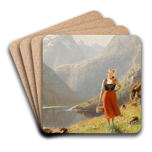 A young girl with a basket in the mountains by Hans Dahl Art Drink Coaster set