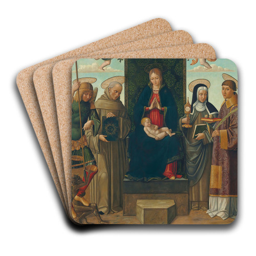 The Madonna and Child enthroned, with Saints Michael, Bernardino of Siena, Clare and Stephen by Gian Giacomo d'Alladio Art Drink Coaster set The Madonna and Child enthroned, with Saints Michael, Bernardino of Siena, Clare and Stephen by Gian Giacomo d'Alladio Art Drink Coaster set