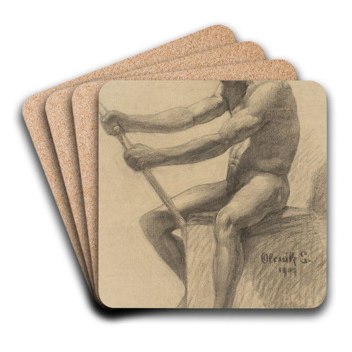 Study of a Seated Man with a Cane by Emil Alexay-Olexk Art Drink Coaster set