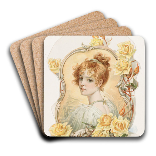 Woman's Portrait Enframed with Yellow Roses by Louis Prang Art Drink Coaster set
