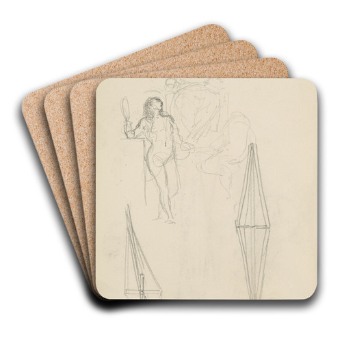 szkic postaci kobiecej stojcej przed postaci siedzc, rysunki przekroju drewnianego walca by Henryk Siemiradzki Art Drink Coaster set