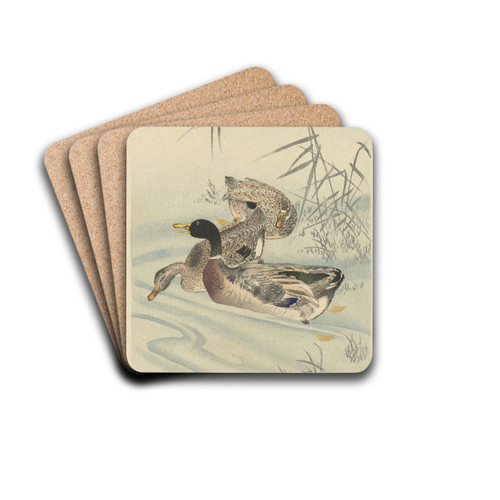 Three ducks in shallow water with reed by Ohara Koson Drink Coasters - set of 4