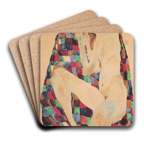 Weiblicher Akt auf kariertem Tuchl by Egon Schiele Art Drink Coaster set Weiblicher Akt auf kariertem Tuchl by Egon Schiele Art Drink Coaster set