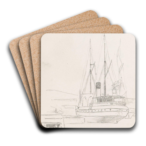 Steamship in port by Hans Gude Art Drink Coaster set