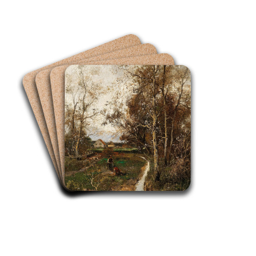 A Springtime Landscape with a Creek by Adolf Kaufmann Drink Coasters - set of 4
