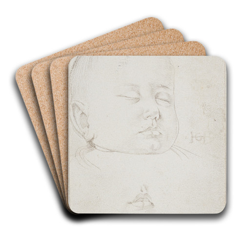 Hovedet af en sovende smdreng Trekvartprofil mod hjre Herunder barnets halvbne mund Herunder hovedet af en midaldrene mand i profil mod venstre by Hans Baldung Art Drink Coaster set