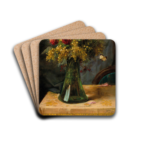 A Bouquet of Flowers with Tulips and Carnations in a Glass Vase with Butterfly by Hans Zatzka Drink Coasters - set of 4