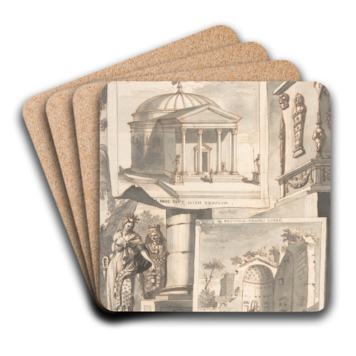 A Reconstruction of the Templum Isis (above) and a View of the Ruins (below) by Jan Goeree Art Drink Coaster set