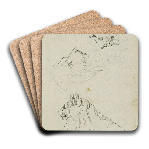 Seated lion, two lion head studies by Thodore Gricault Art Drink Coaster set Seated lion, two lion head studies by Thodore Gricault Art Drink Coaster set