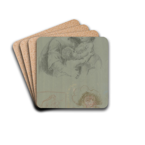 Studienblatt mit einer Madonna mit dem Kind und dem Johannesknaben, dazu ein brtiger Mann mit Mtze by Heinrich Friedrich Fger Drink Coasters - set of 4