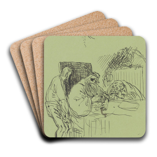 Alter Mann, mit seinen Hnde vor ihm auf dem Tisch liegende Geldmnzen schirmend, die gierigen Blicke zweier ihn umgebender Mnner abwehrend by Victor Mller Art Drink Coaster set