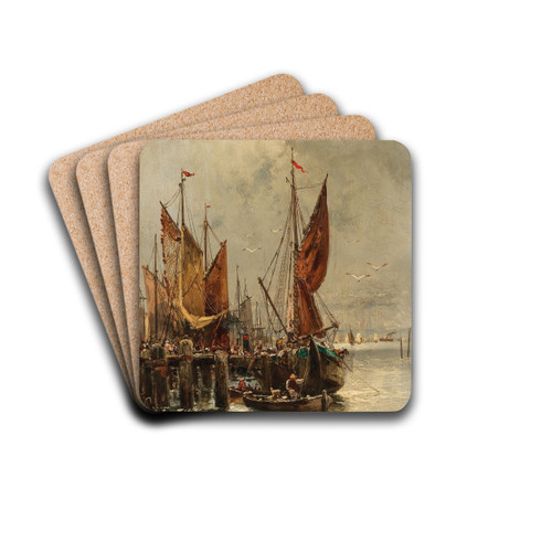 A Lively Scene in the Harbour by Adolf Kaufmann Drink Coasters - set of 4