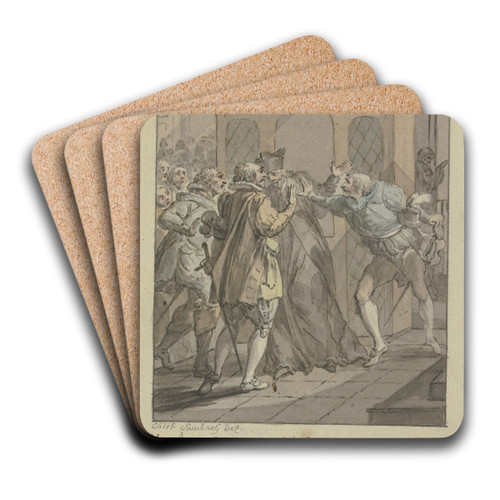 Drei diskutierende Mnner mit Degen und ein Geistlicher vor einem Beichtstuhl by Christian Sambach Art Drink Coaster set