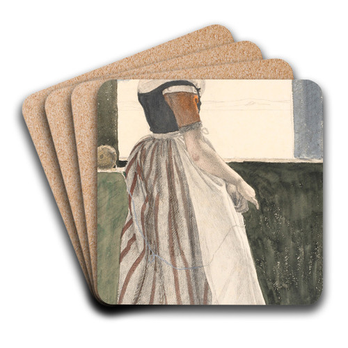 Ung strikkende pige i Sallingdragt, ser ud af et vindue by Christen Dalsgaard Art Drink Coaster set
