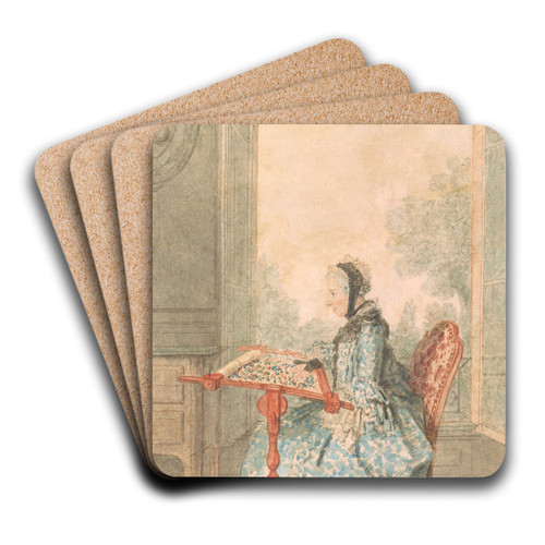 Portrait of a Woman at an Embroidery Frame by Louis Carrogis Carmontelle Art Drink Coaster set Portrait of a Woman at an Embroidery Frame by Louis Carrogis Carmontelle Art Drink Coaster set