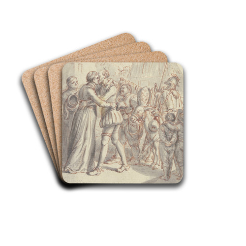Don Quijote umarmt den Pfarrer by Daniel Nikolaus Chodowiecki Drink Coasters - set of 4 Don Quijote umarmt den Pfarrer by Daniel Nikolaus Chodowiecki Drink Coasters - set of 4