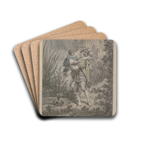 Begrungsszene von zwei Mnnern bei einer Burg by Christian Sambach Drink Coasters - set of 4