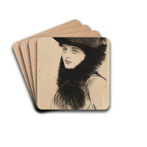 Portrait de femme au chapeau by Paul Csar Helleu Drink Coasters - set of 4 Portrait de femme au chapeau by Paul Csar Helleu Drink Coasters - set of 4