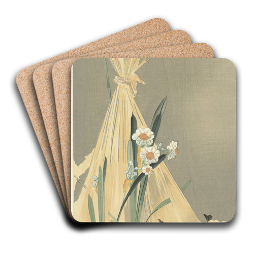Songbird at hay bundle by Ohara Koson Art Drink Coaster set