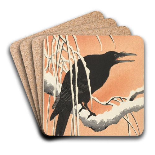 Crow on snowy branch by Ohara Koson Art Drink Coaster set
