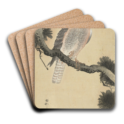 Hawk on pine branch by Ohara Koson Art Drink Coaster set