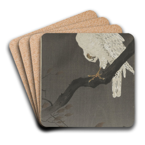 Snowy eagle on a tree branch by Ohara Koson Art Drink Coaster set