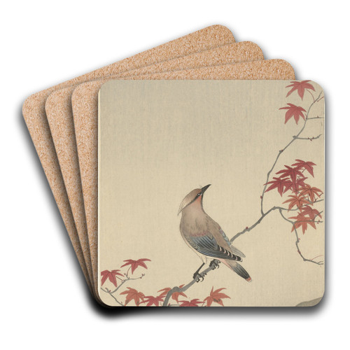 Japanese waxwing on maple by Ohara Koson Art Drink Coaster set