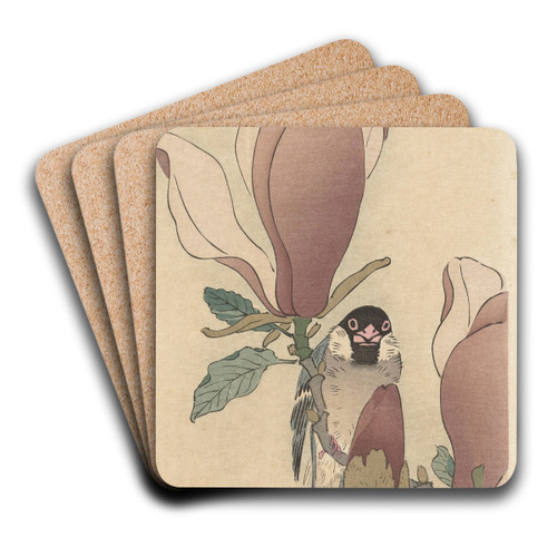 Sparrow on blooming magnolia branch by Ohara Koson Art Drink Coaster set