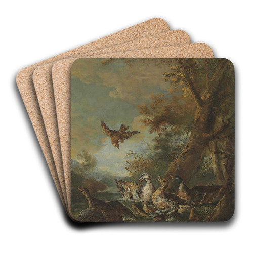 A Bird Of Prey, Ducks And Ducklings In A Landscape by Giovanni Crivelli Art Drink Coaster set