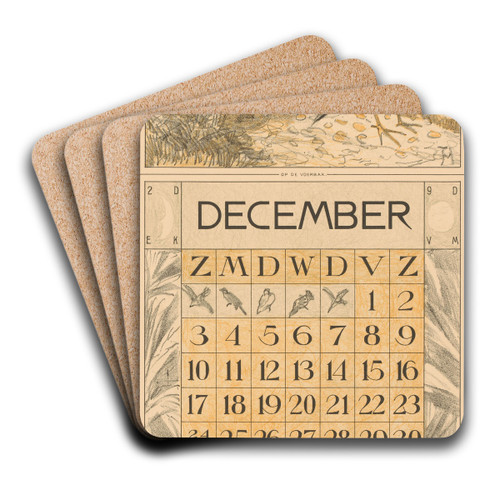 Kalenderblad december met etende vogels by Theo van Hoytema Art Drink Coaster set
