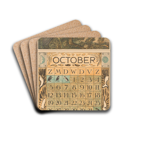 Kalenderblad oktober met kraai by Theo van Hoytema Drink Coasters - set of 4 Kalenderblad oktober met kraai by Theo van Hoytema Drink Coasters - set of 4