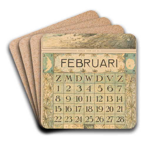 Kalenderblad februari met konijn by Theo van Hoytema Art Drink Coaster set