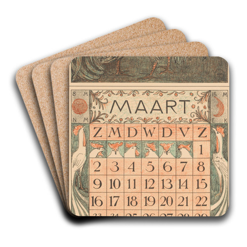 Kalenderblad maart met twee hanen by Theo van Hoytema Art Drink Coaster set