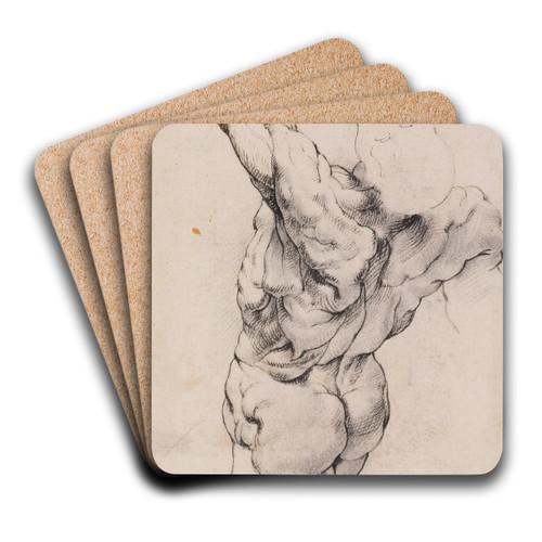 Anatomical Study (corch). Standing flayed man seen from the back half turned to the left, his left arm raised_ by Willem Panneels Art Drink Coaster set